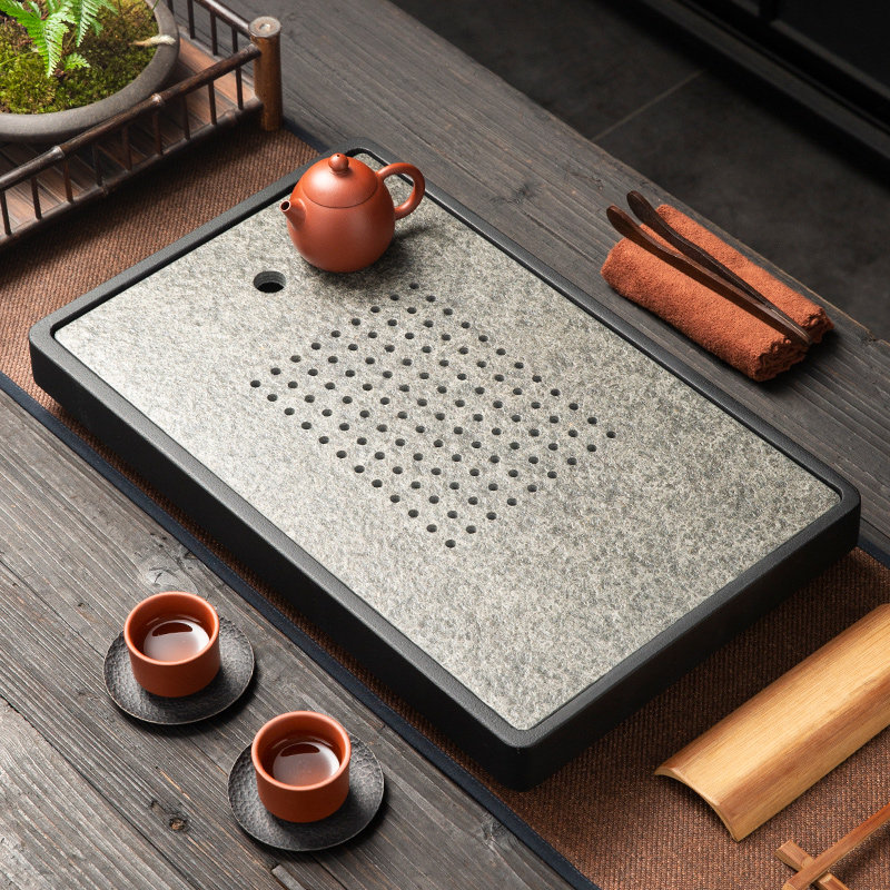 家用乌金石茶盘排水式功夫茶具泡茶专用茶台石头茶几茶海沥水托盘
