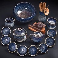 bình trà gốm Tao Fuqi handmade màu xanh chải bộ trà bộ hộ gia đình bạc bầu trời đầy sao ấm trà trà bạc bộ trà bộ bình trà 0.7 l jasmine bộ tách trà gốm sứ cao cấp