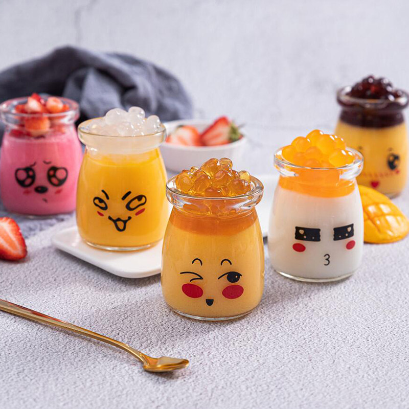 表情款玻璃布丁瓶酸奶瓶100ml 带盖 仙草双皮奶小瓶子 表情随机发