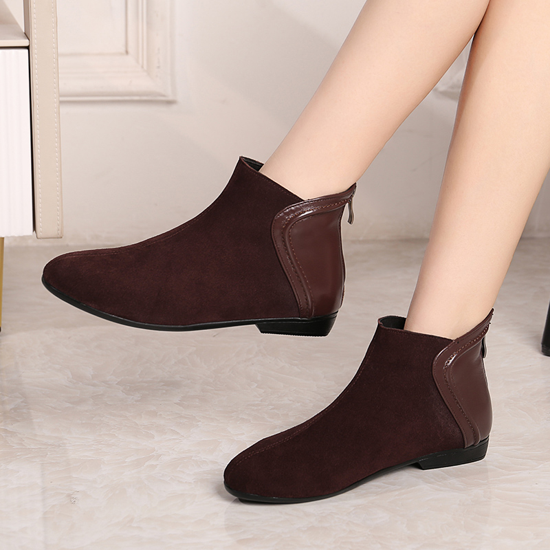 圆头绒面橡胶平底材质双拼短靴女