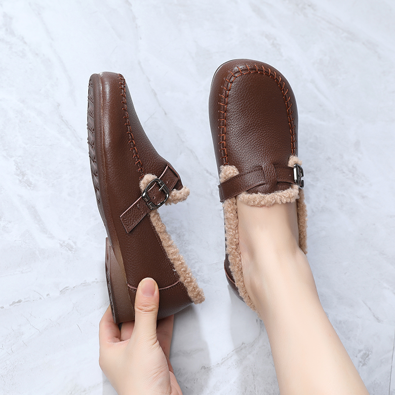 真皮圆头软底休闲女鞋保暖毛毛鞋