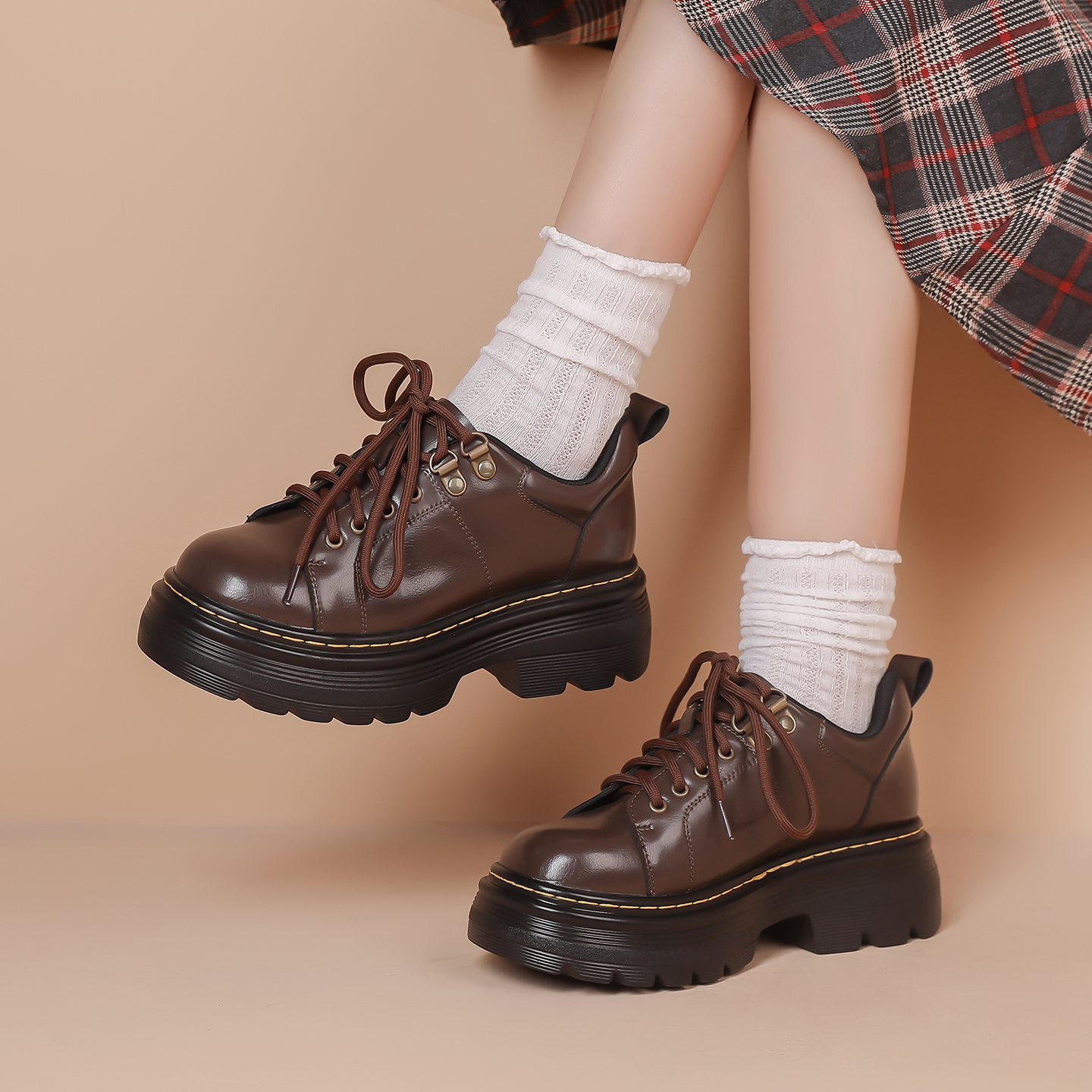 真皮松糕厚底小个子配裙子德比鞋