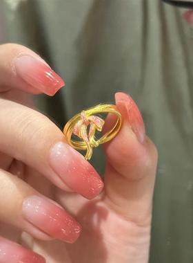 粉色蝴蝶结戒指女时尚小众轻奢金色活口少女感甜美指环高级感手饰