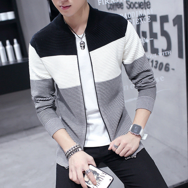 热卖 男士外套2019年秋冬夹克开衫韩版潮流条纹帅气针织衫年轻男|msdalam kategori Pakaian Lelaki, baju sejuk/sweater - dari Buy2taobao.com untuk memberikan perkhidmatan ejen Taobao profesional membeli