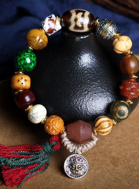 藏式手串男大鹏鸟天珠老料老玛瑙