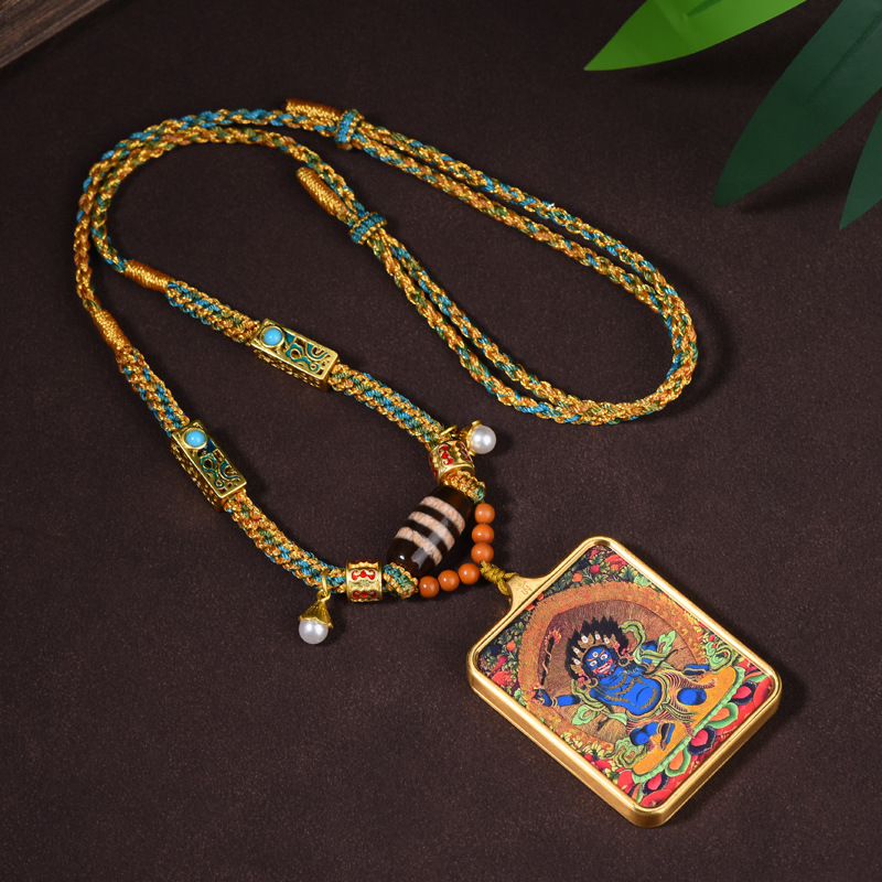 手工编织藏式天珠挂绳手绘唐卡吊坠绳扎基拉姆黑财神复古招财