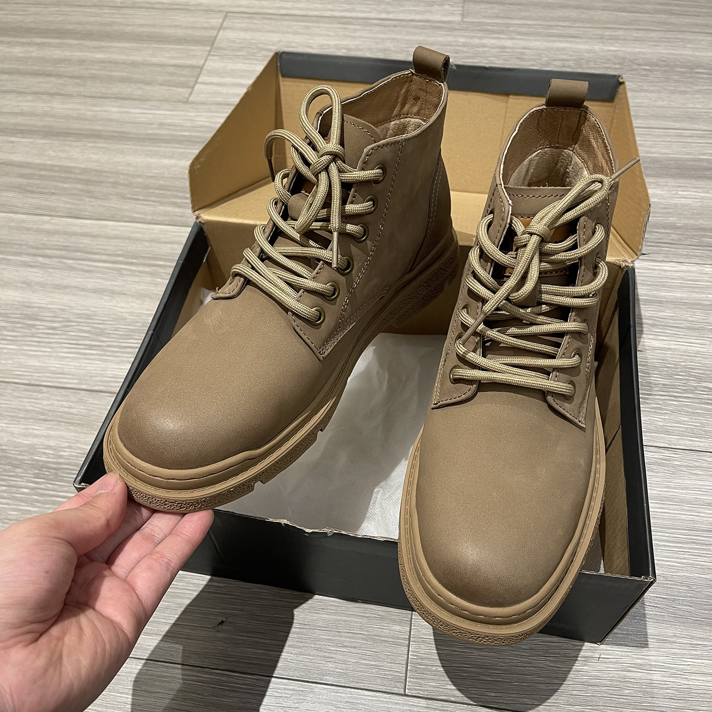 加绒真皮男鞋冬季高帮马丁靴卡其