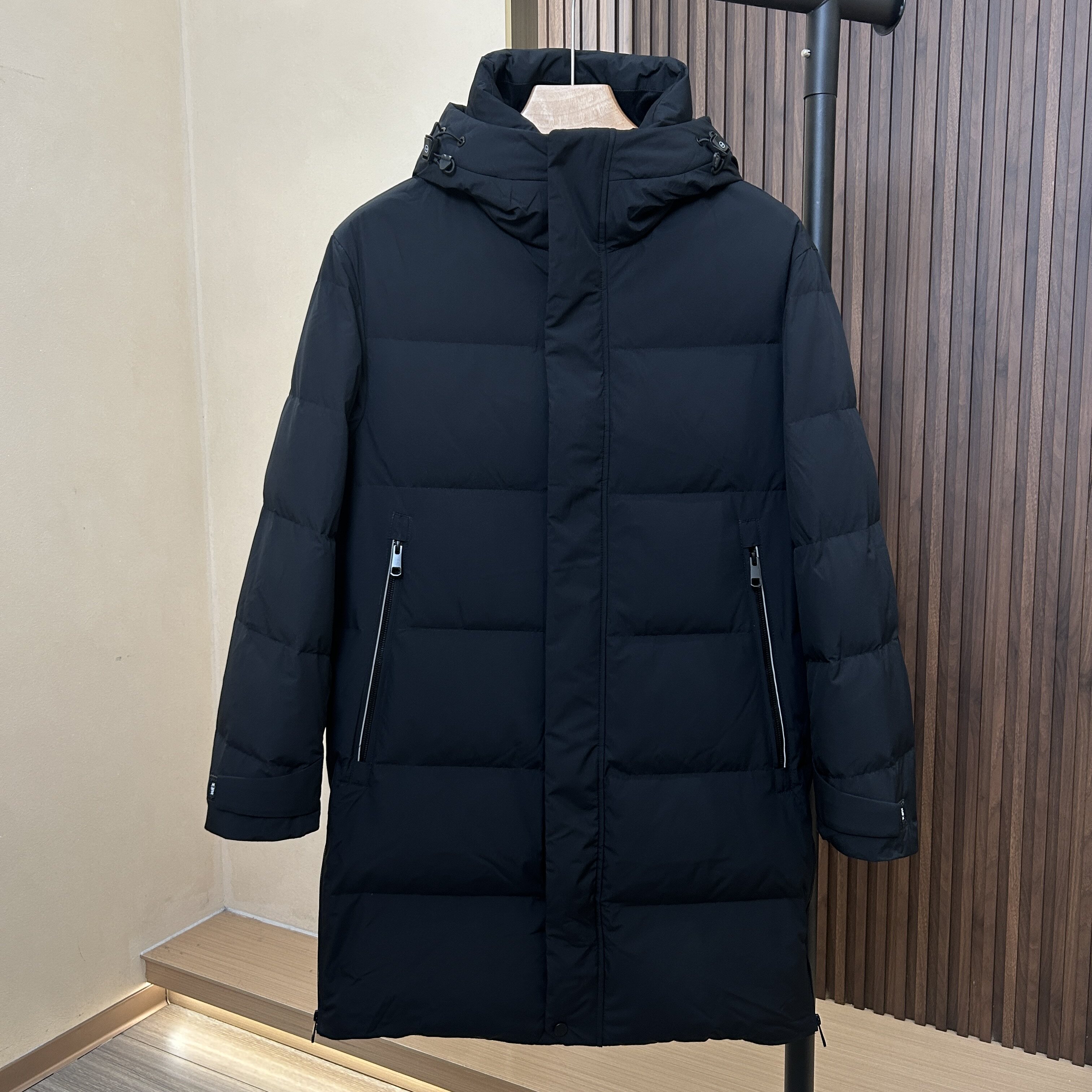 【雅家】2侧拉链开叉!黑色长款连帽防风加厚男士剪标羽绒服冬季