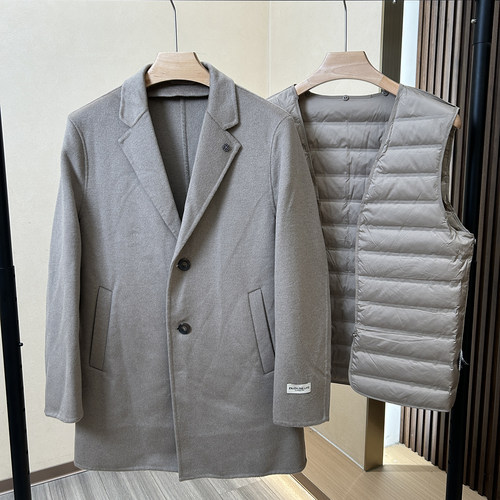 【H家】卡其色双面羊毛呢大衣 品牌剪标秋冬可脱卸鹅绒背心外套男