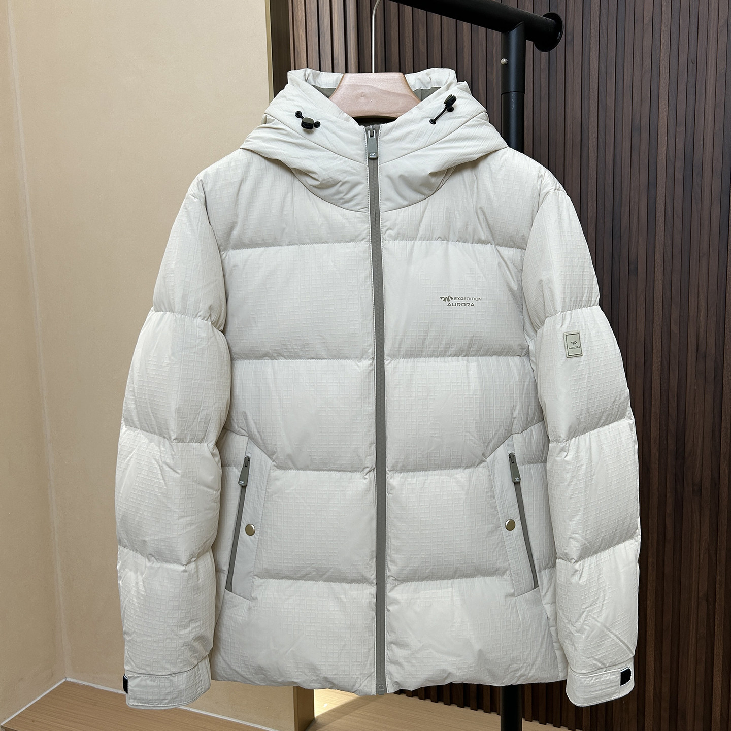 【H家】华夫格面料!极光95绒!拉链口袋!米白超帅连帽羽绒服男