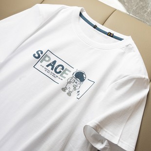 T恤圆领体恤衫 亲肤透气棉趣味太空宇航员印花白色短袖 海e柜男装