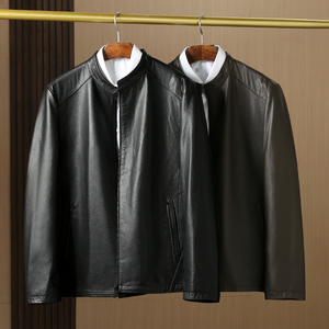 线下2K+超细腻牛皮！真皮皮衣黑色立领中青年商务行政皮夹克外套