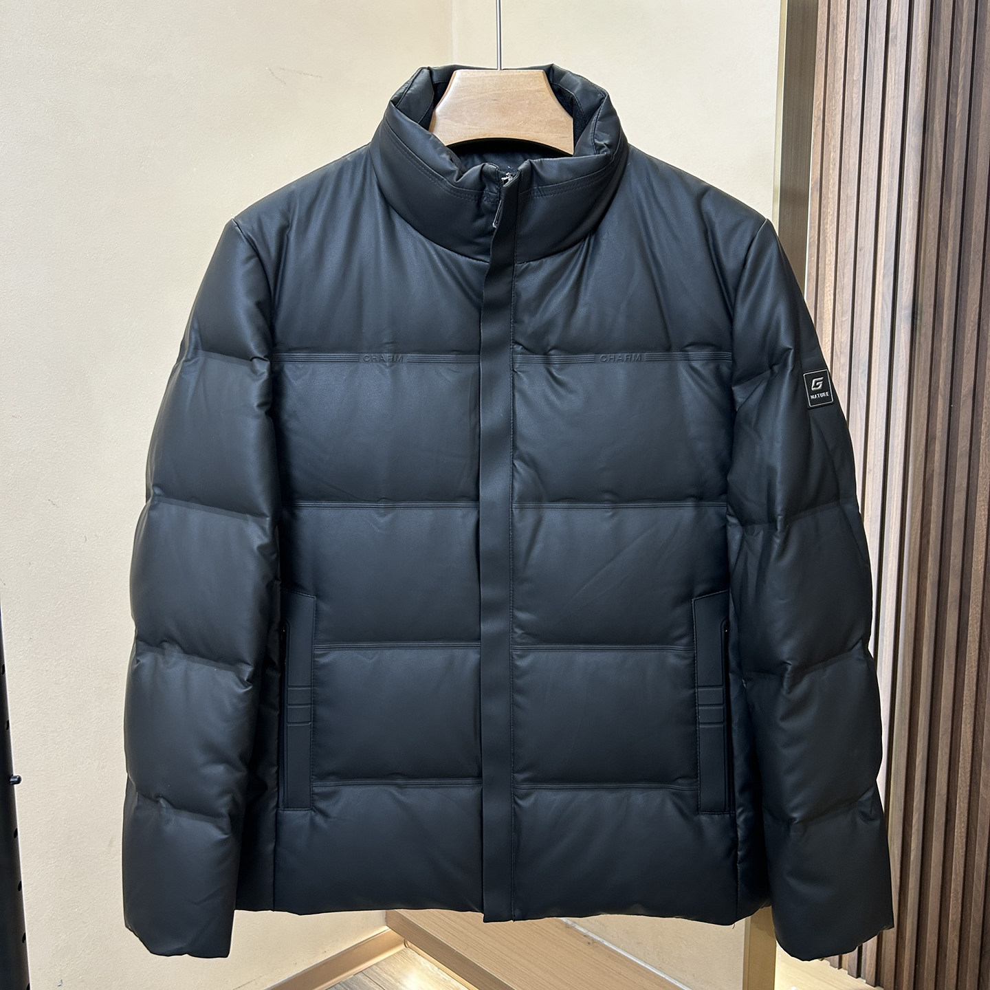 免洗易打理+90鸭绒!H系剪标冬季男士皮衣羽绒服立领黑色保暖外套