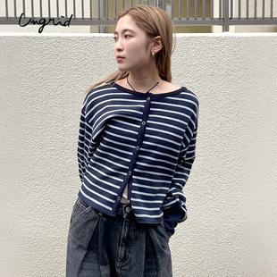Ungrid2025年春季圆领条纹针织开衫女华夫格面料横条衫1125229249