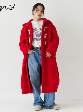 Ungrid25冬季新品学院风牛角扣羊毛混纺毛呢大衣外套女1125600802