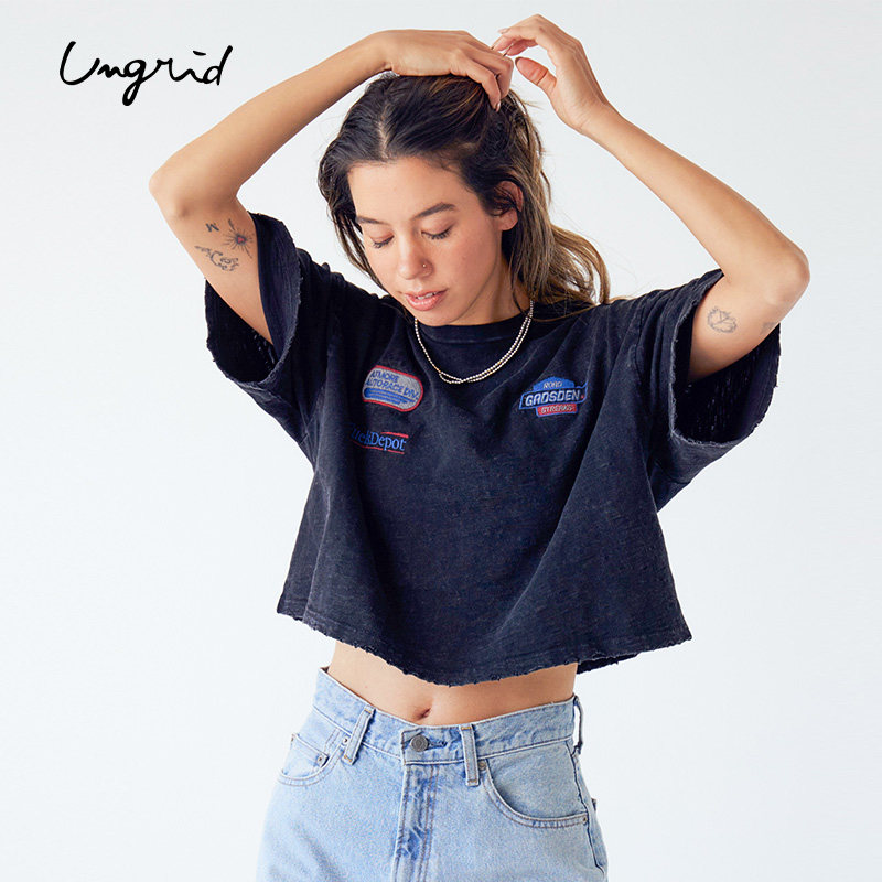 Ungrid25春夏新品棉纱水洗设计刺绣圆领宽松短袖T恤女1125327487