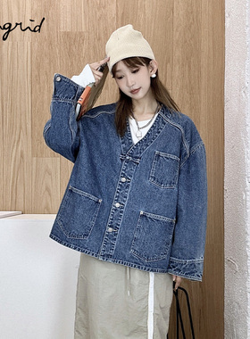 Ungrid秋季新款短外套立领时尚v领中国扣牛仔外套1124402900