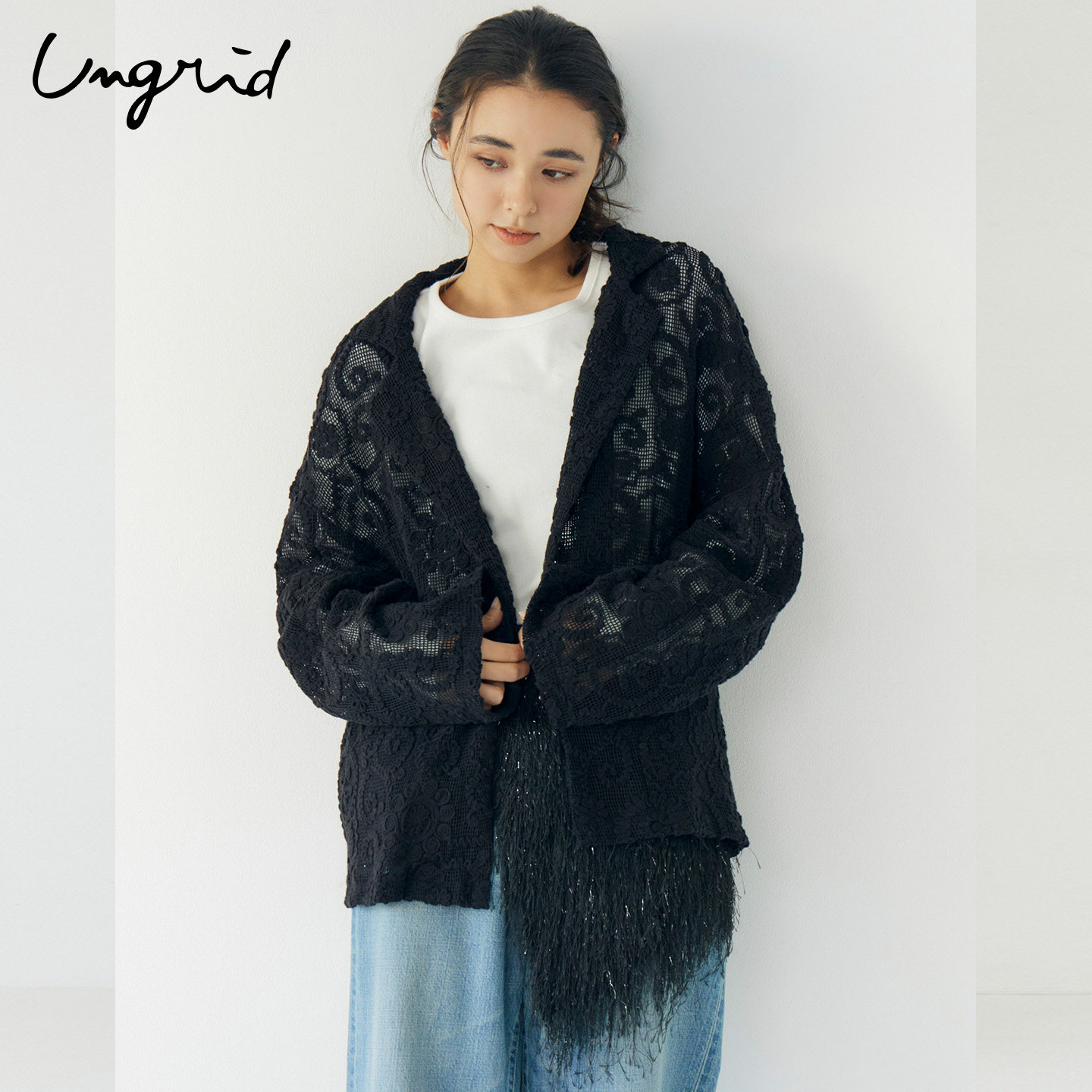 Ungrid26春季新品日系镂空半透棉蕾丝钩花落肩西装外套1126201300