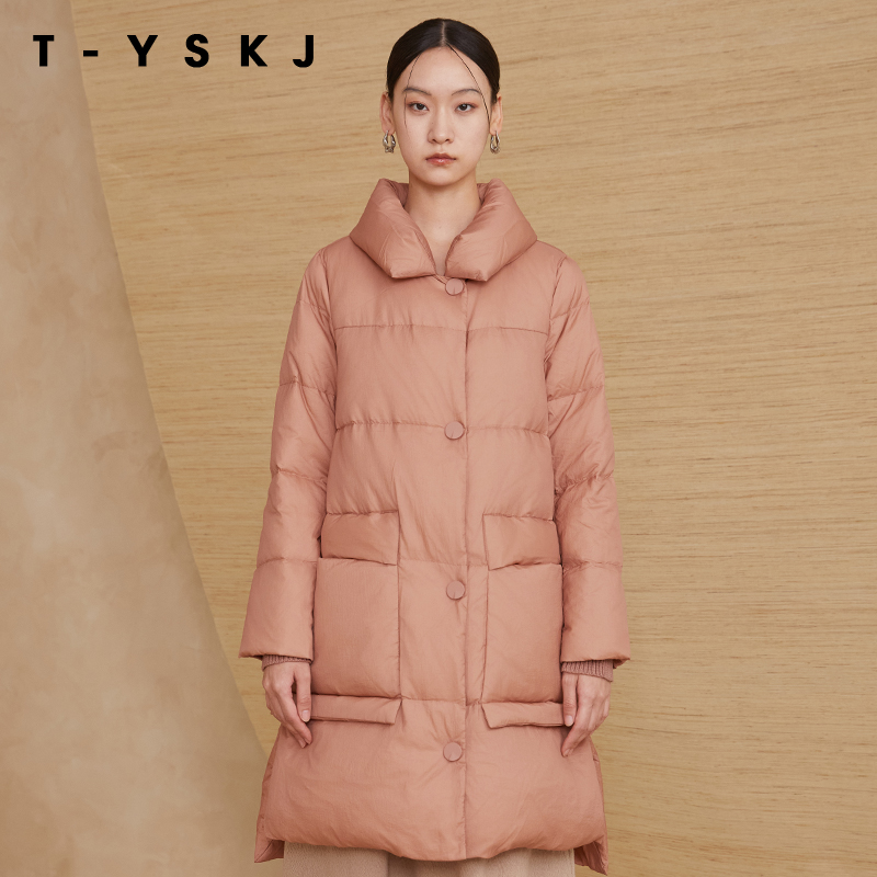 TYSKJ台绣中长款羽绒服2023冬季新款女士面包领保暖外套简约大气