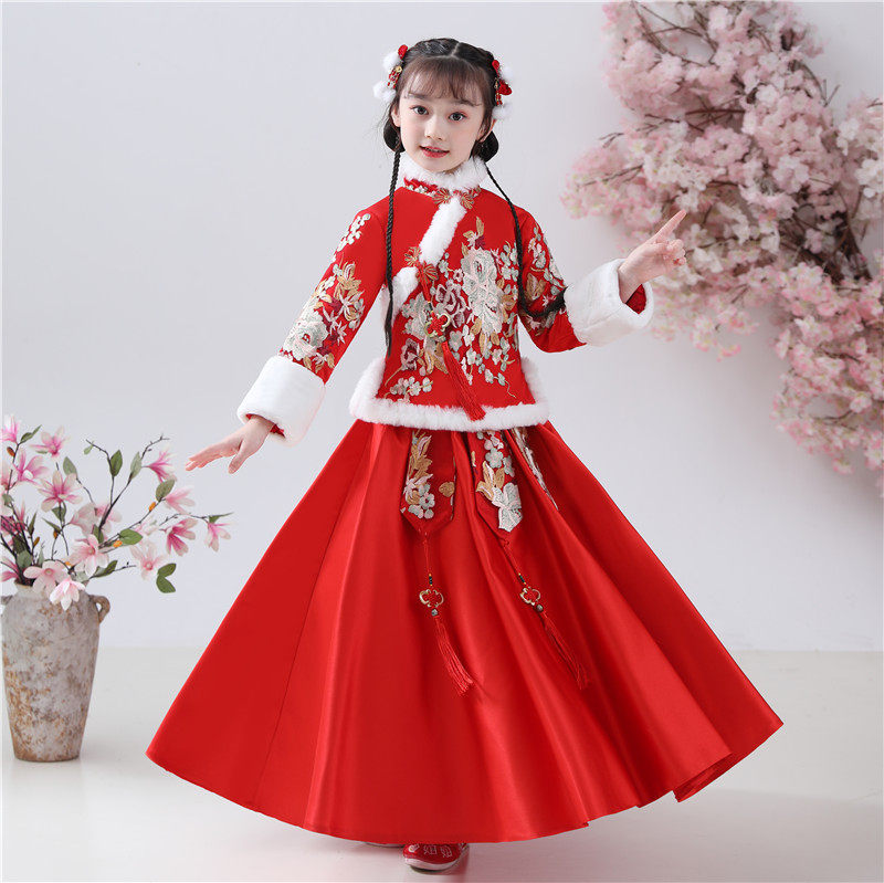 新款儿童唐装女童中国风汉服红色加绒加拜年服套装新年公主裙冬装