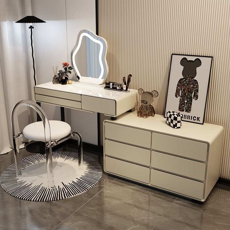 2024奶油风岩板实木梳妆台床头柜一体网红伸缩化妆台卧室现代简约