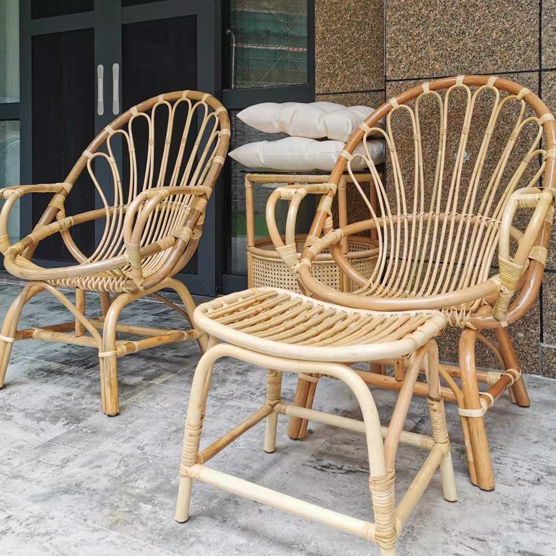 家用中式阳台茶几藤编藤椅三件套户外庭院单人靠背休闲藤椅子