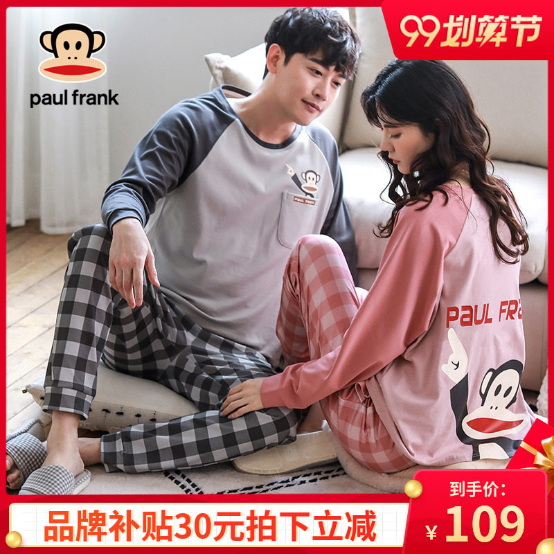 大嘴猴情侣睡衣春秋款女纯棉长袖格子秋季新款男可外穿家居服套装