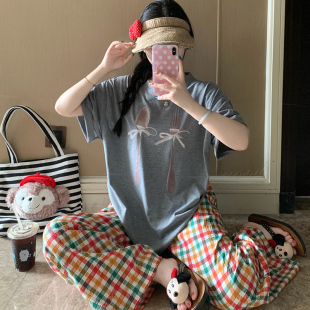 2026新款夏季可外穿睡衣女款家居服薄格纹棉质上衣云朵棉裤子套装