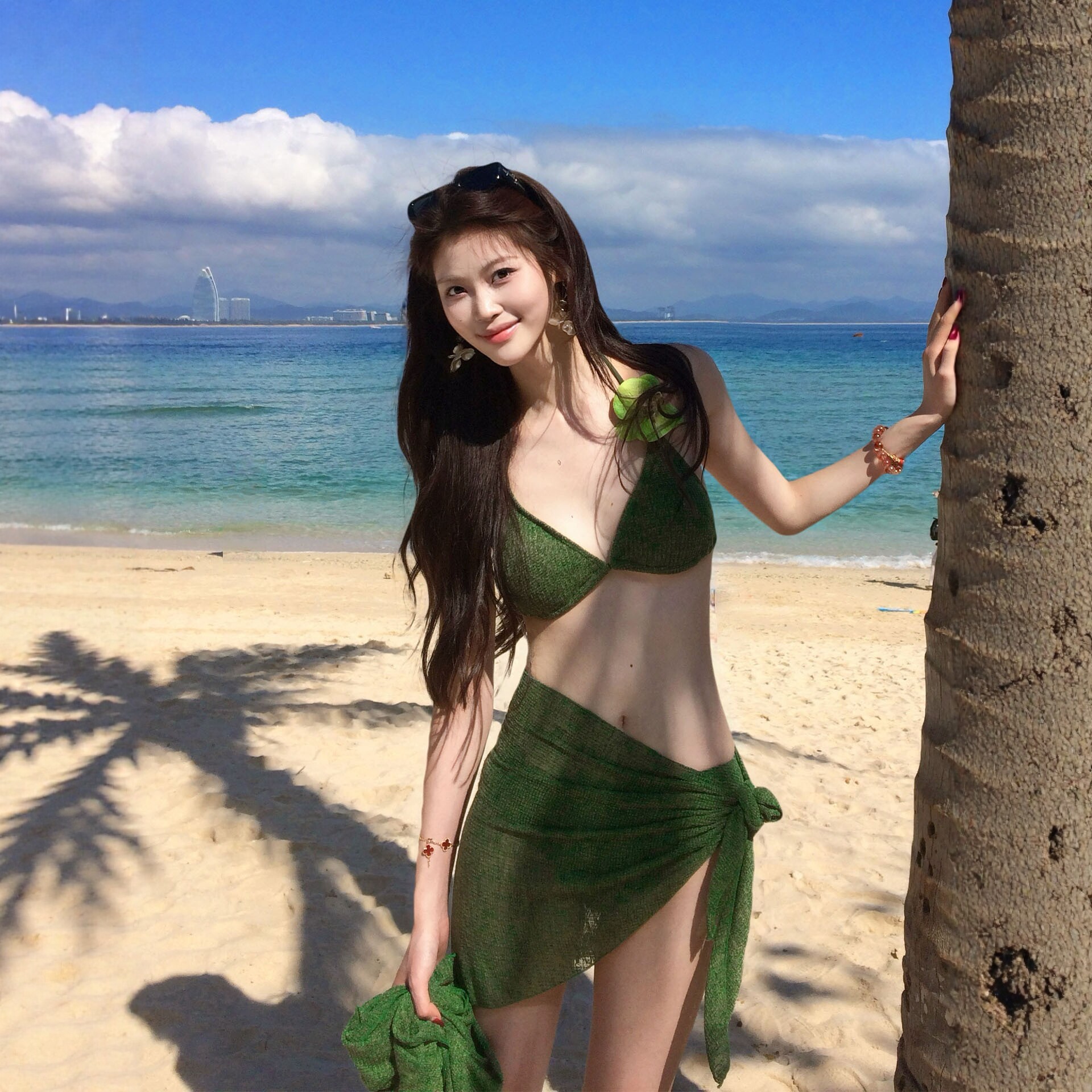 清冷森系绿~法式复古小心机显瘦遮肉比基尼四件套度假泡温泉泳衣