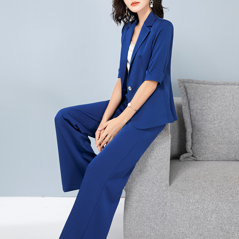 宝蓝色短袖西装套装女春秋薄款2025年新款时尚气质职业休闲两件套