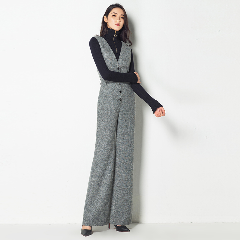 时尚韩版宽松毛呢连体套装背带裤