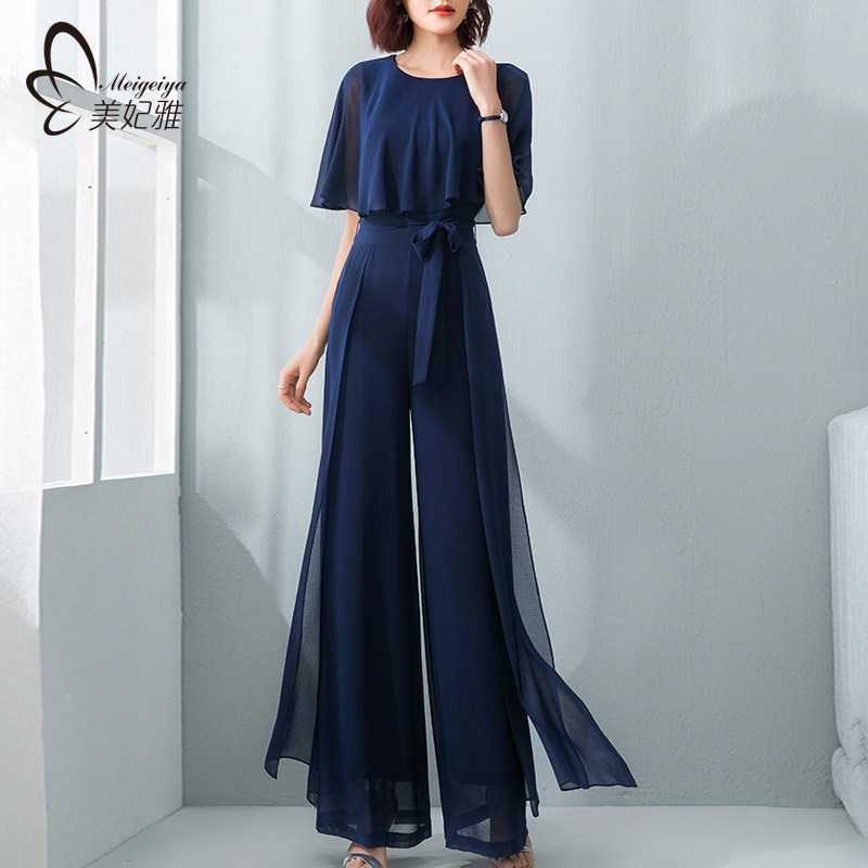 美妃雅荷叶袖雪纺连体裤女夏长款2022新款连衣阔腿套装气质连身裤
