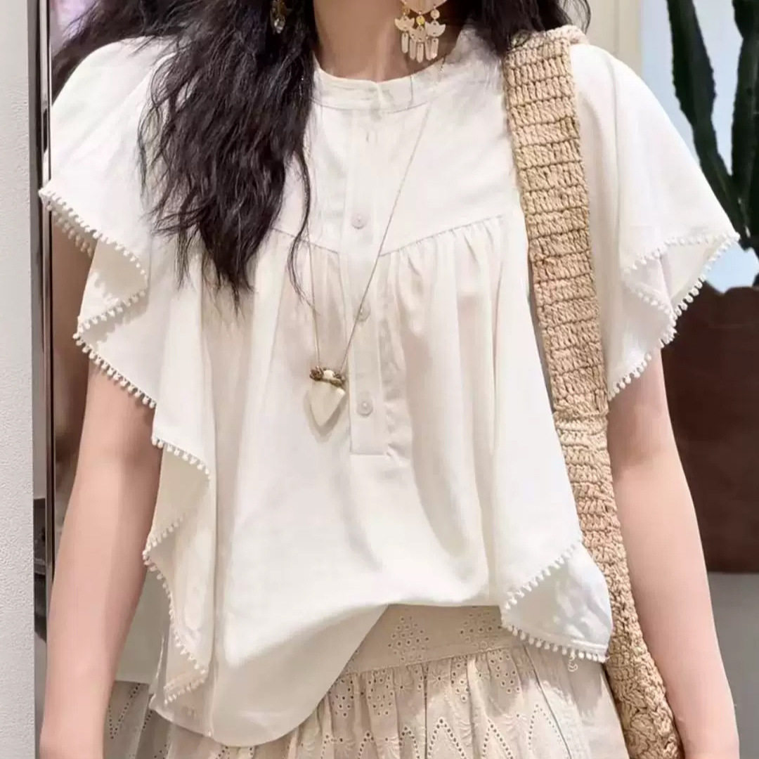 法式小众26年春夏新款温柔甜美蕾丝木耳边圆领显瘦减龄衬衫上衣女