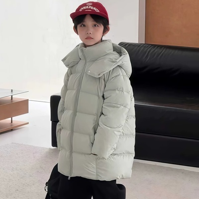 韩国儿童2025新款连帽中长款羽绒服中大童90白鸭绒男女童加厚外套