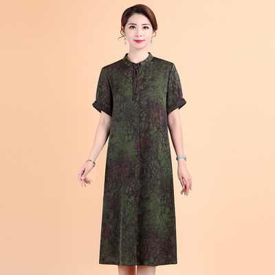 中老年妈妈装夏装真丝连衣裙短袖