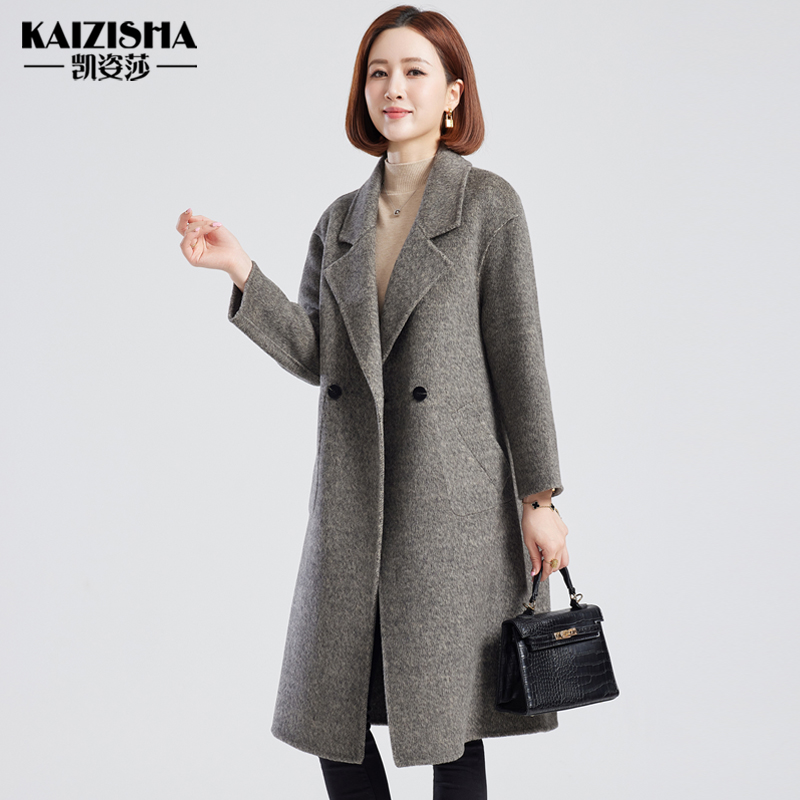 凯姿莎秋冬双面绒羊毛大衣女西装领呢子时尚中长款毛呢外套双面穿