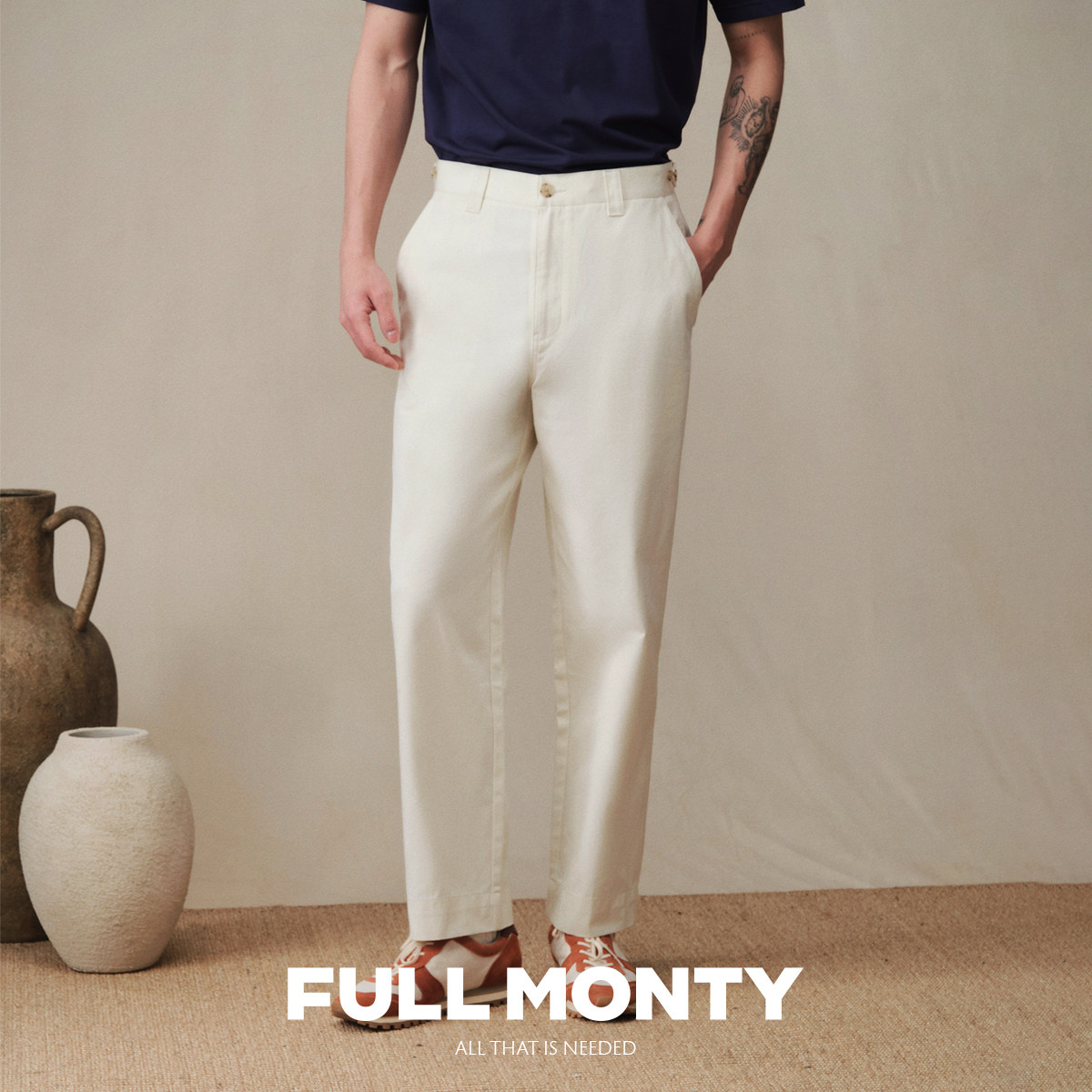 FULL MONTY白色水洗斜纹棉裤子松紧腰宽松休闲裤男士夏季薄款长裤