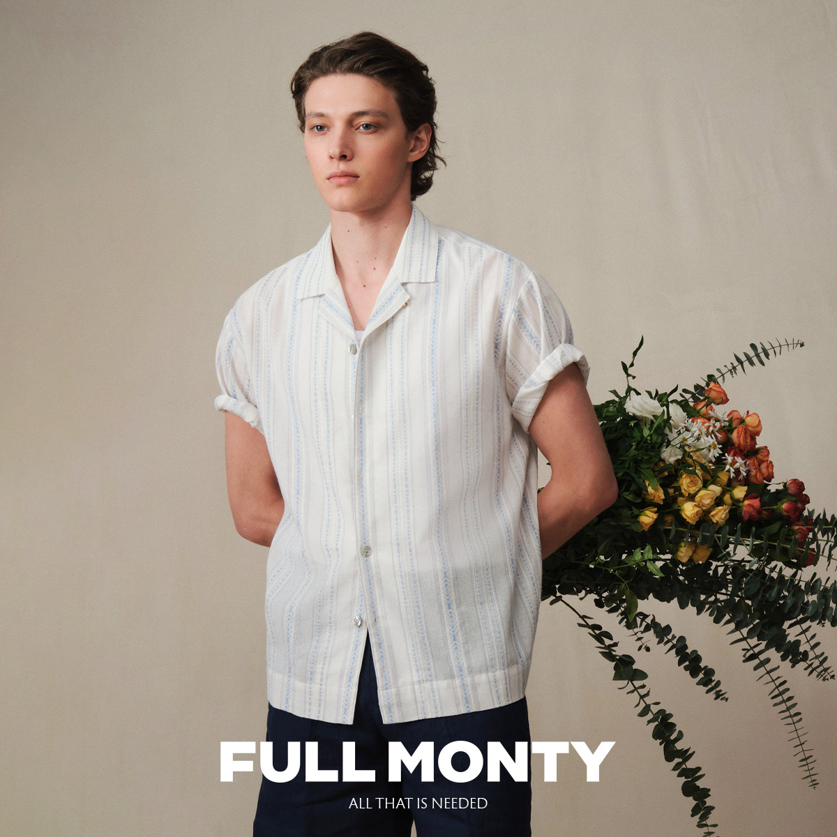 FULL MONTY蓝白复古提花短袖衬衫男士宽松古巴领衬衣26年夏季新款 - 实物图