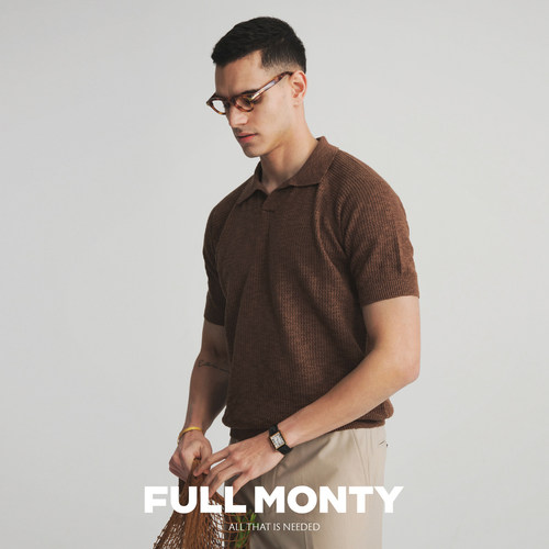 FULL MONTY男士咖啡色亚麻棉混纺挑孔针织POLO衫休闲短袖夏季