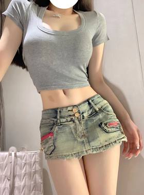 辣妹复古性感低腰牛仔包臀半身裙