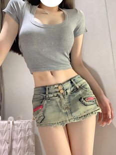 梨形包臀半身裙热裤 欧美式 辣妹复古性感低腰牛仔超短裙女2025夏季