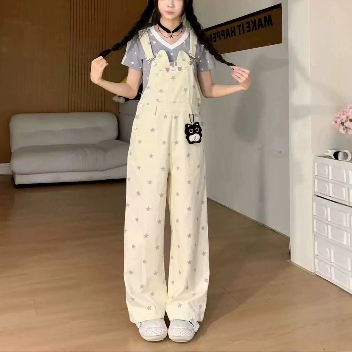 日系甜美卡通星星学院牛仔背带直筒裤女秋夏季高腰宽松显瘦连体裤