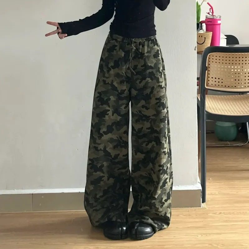 美式复古迷彩工装阔腿直筒牛仔裤高腰春夏宽松新款显瘦拖地长裤女