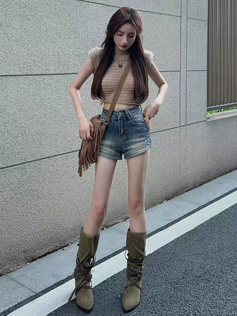 牛仔短裤女高腰修身显瘦A字热裤