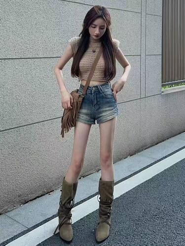 牛仔短裤女高腰修身显瘦A字热裤