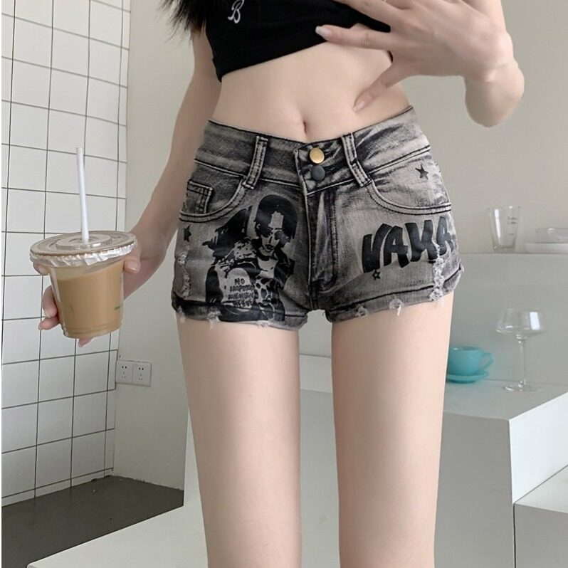 美式辣妹复古破洞超短裤毛边夏季新款牛仔显瘦印花低腰高街热裤