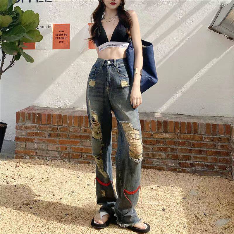 春夏破洞牛仔裤女高街潮ins乞丐个性宽松直筒高腰阔腿hiphop炸街