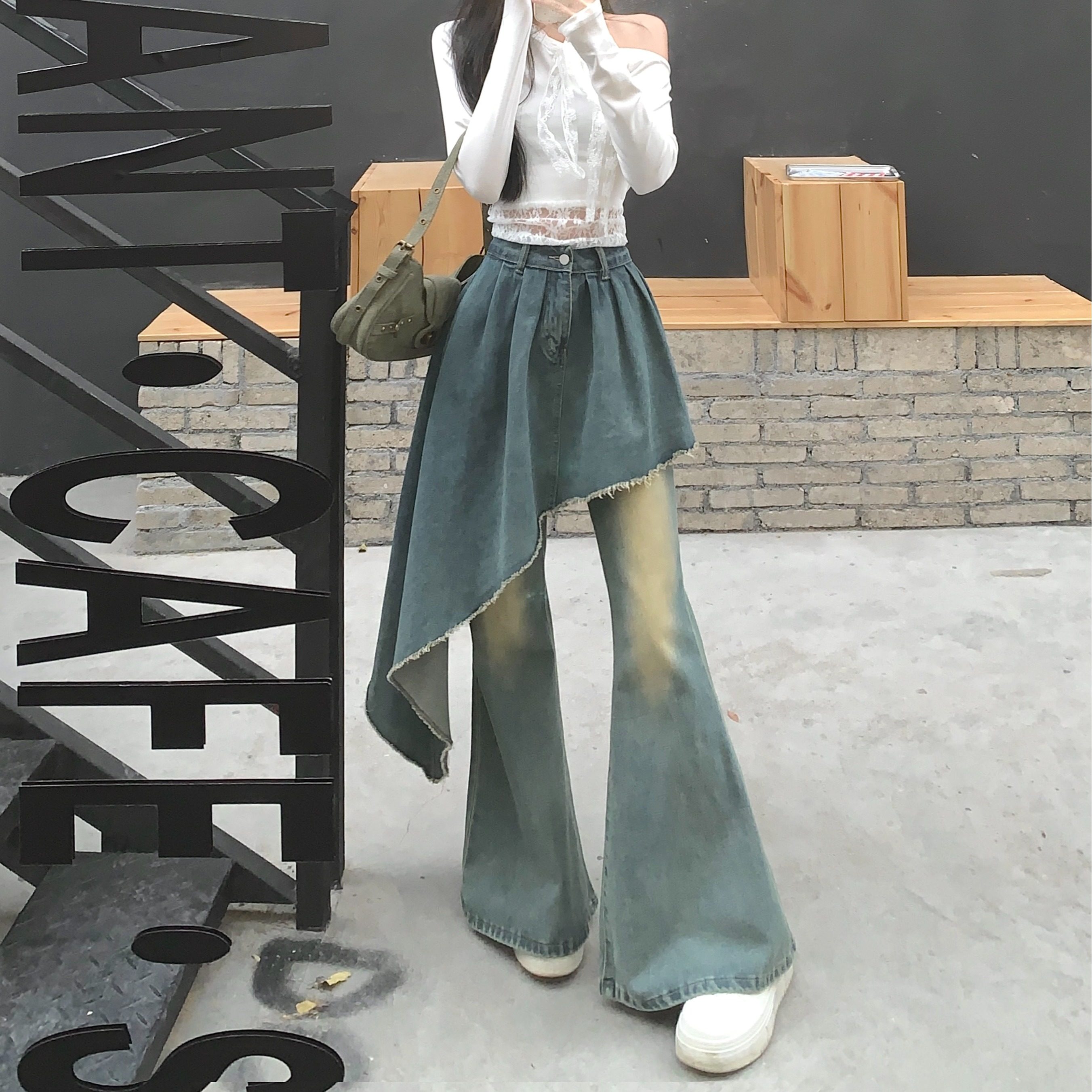 复古做旧假两件叠穿不规则牛仔微喇裤女春夏新款高腰辣妹显瘦长裤