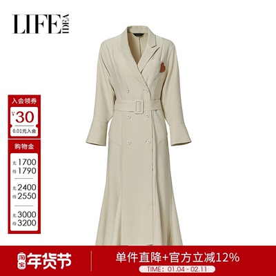 莱芙艾迪儿商场同款气质秋季新款率性都市戗驳领中长袖连衣裙女