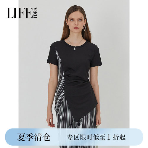 莱芙艾迪儿拼接收腰显瘦上衣修身不规则短袖T恤1E2S23034